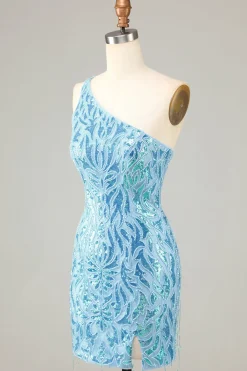Bainha Um Ombro Sequins Azul Vestido Curto Homecoming com Tassel