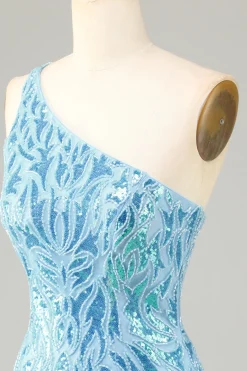 Bainha Um Ombro Sequins Azul Vestido Curto Homecoming com Tassel
