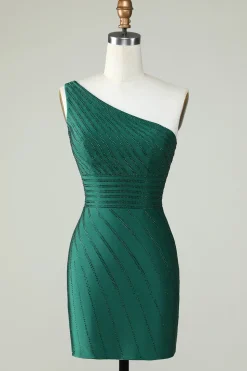 Bainha Um Ombro Verde Escuro Vestido Curto Homecoming com Missangas