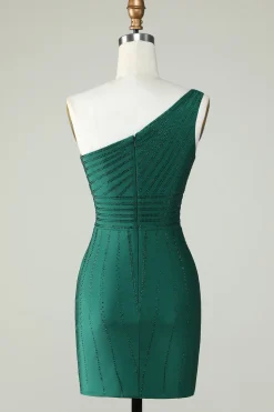 Bainha Um Ombro Verde Escuro Vestido Curto Homecoming com Missangas