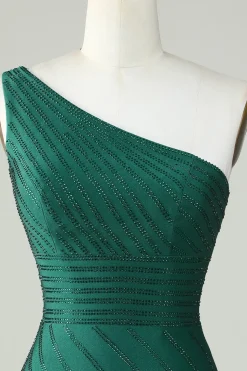 Bainha Um Ombro Verde Escuro Vestido Curto Homecoming com Missangas