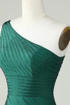 Bainha Um Ombro Verde Escuro Vestido Curto Homecoming com Missangas