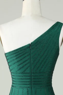 Bainha Um Ombro Verde Escuro Vestido Curto Homecoming com Missangas
