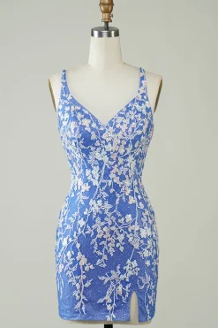 Bainha V Pescoço Azul Vestido Curto Homecoming com Appliques Criss Cross Back