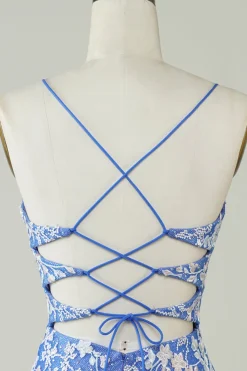 Bainha V Pescoço Azul Vestido Curto Homecoming com Appliques Criss Cross Back