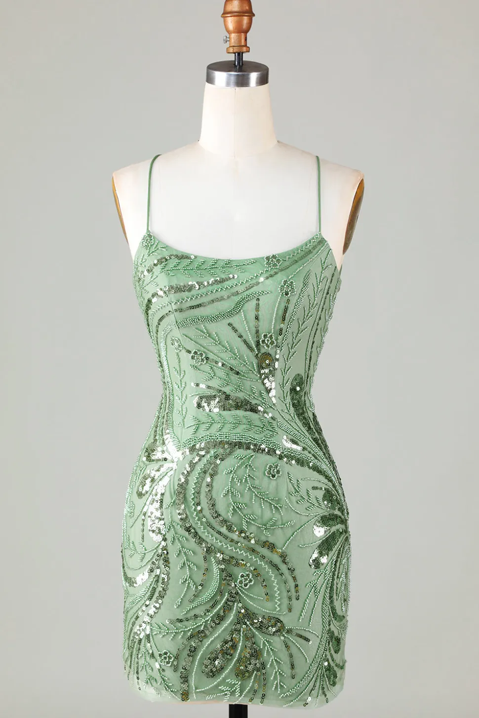 Bainha Verde Brilhante Esparguete Correias Vestido Curto Homecoming com Criss Cross Back