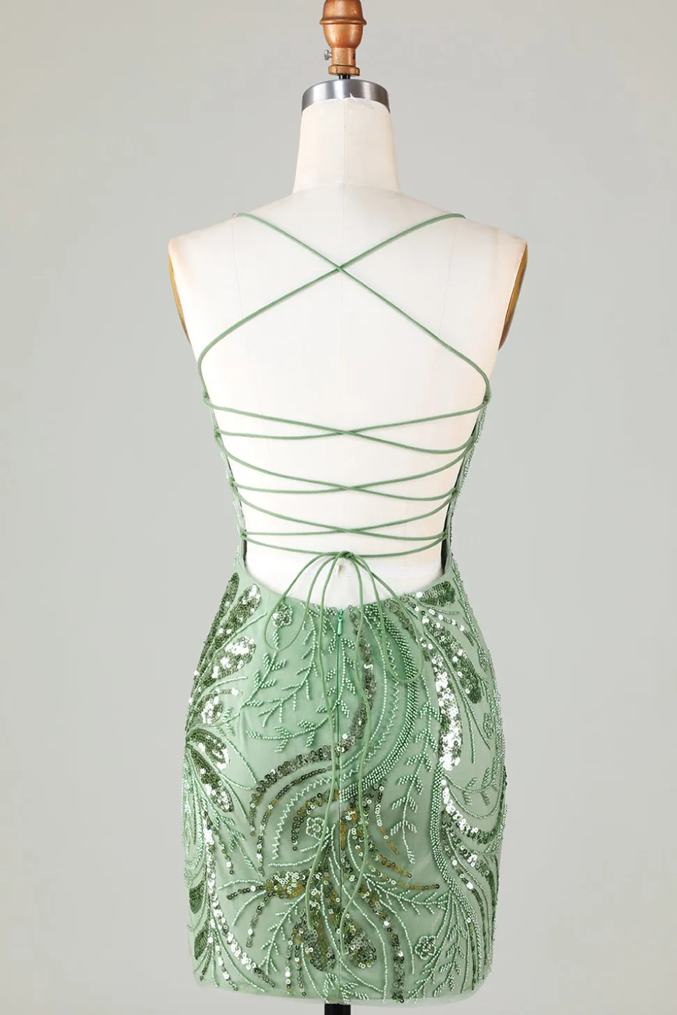 Bainha Verde Brilhante Esparguete Correias Vestido Curto Homecoming com Criss Cross Back