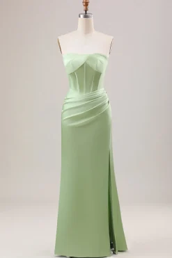 Bainha Verde Corset Strapless vestido longo da dama de honra com fenda