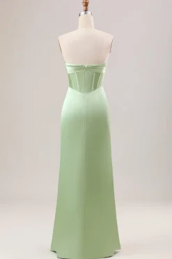Bainha Verde Corset Strapless vestido longo da dama de honra com fenda