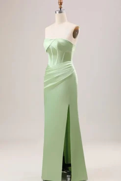 Bainha Verde Corset Strapless vestido longo da dama de honra com fenda