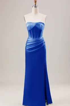 Bainha Verde Corset Strapless vestido longo da dama de honra com fenda