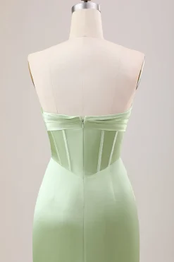 Bainha Verde Corset Strapless vestido longo da dama de honra com fenda