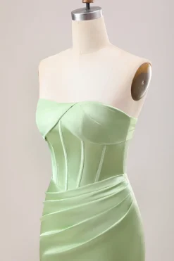 Bainha Verde Corset Strapless vestido longo da dama de honra com fenda