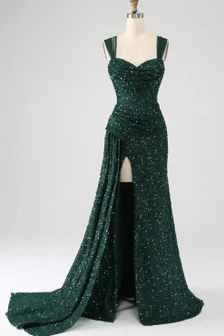 Bainha verde escura brilhante lantejoulas plissado longo vestido de baile com coxa dividida