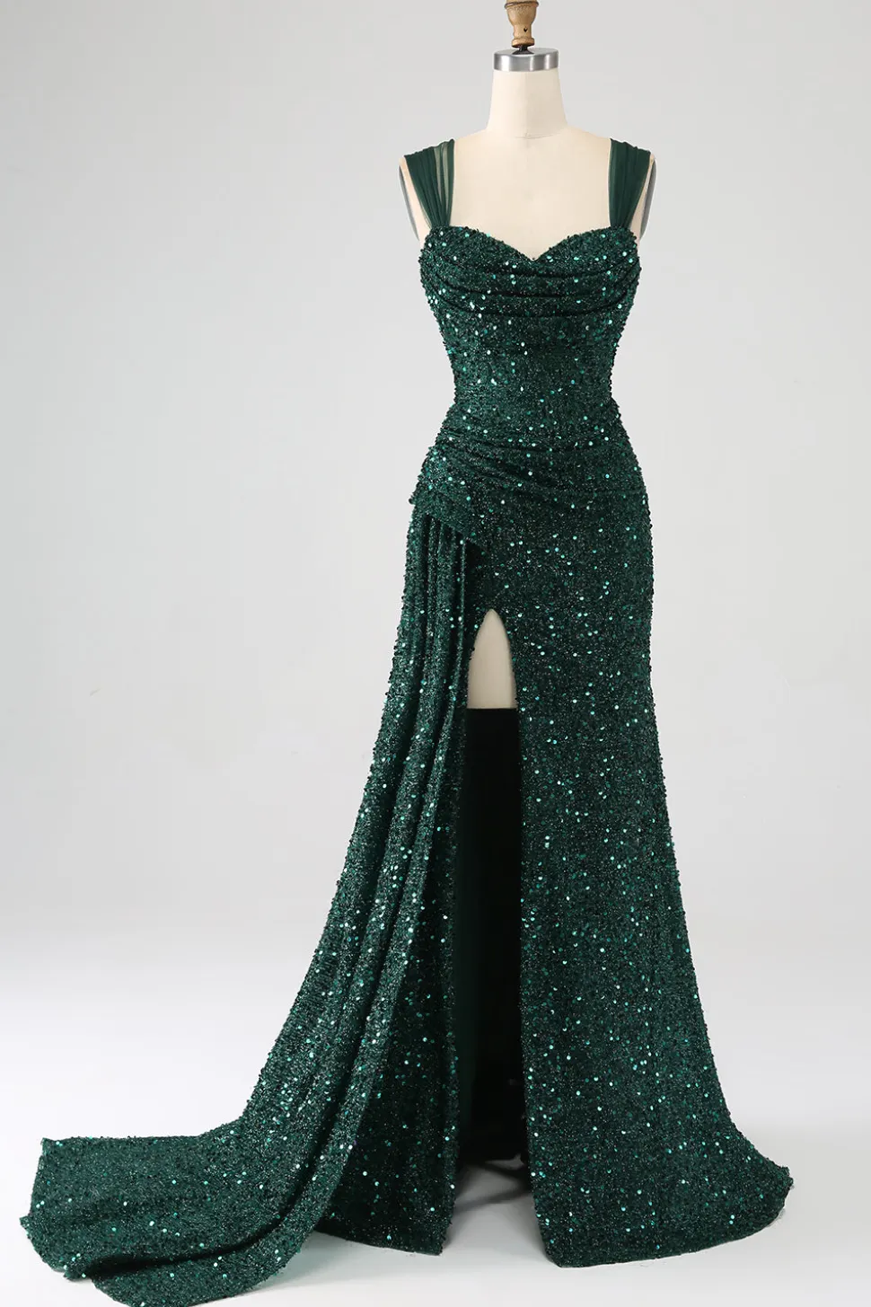 Bainha verde escura brilhante lantejoulas plissado longo vestido de baile com coxa dividida