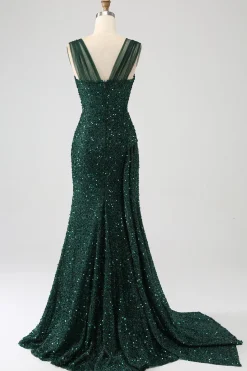 Bainha verde escura brilhante lantejoulas plissado longo vestido de baile com coxa dividida