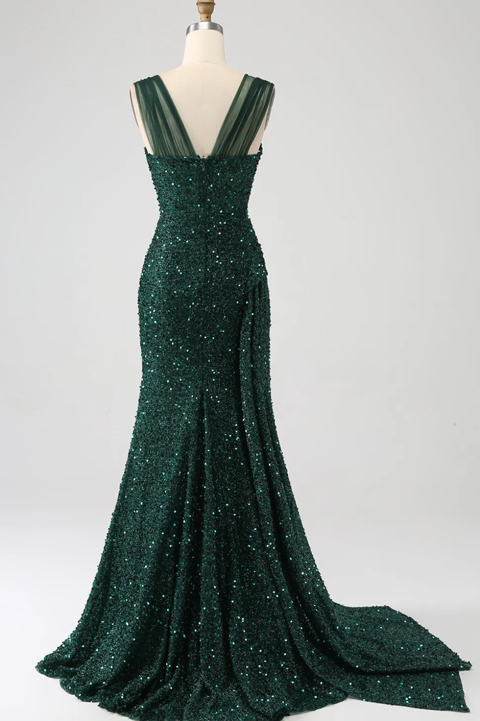Bainha verde escura brilhante lantejoulas plissado longo vestido de baile com coxa dividida