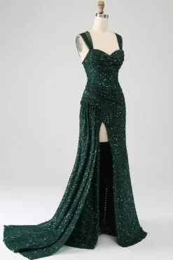 Bainha verde escura brilhante lantejoulas plissado longo vestido de baile com coxa dividida
