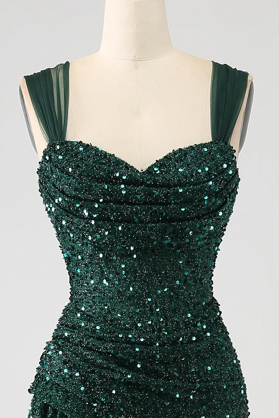 Bainha verde escura brilhante lantejoulas plissado longo vestido de baile com coxa dividida