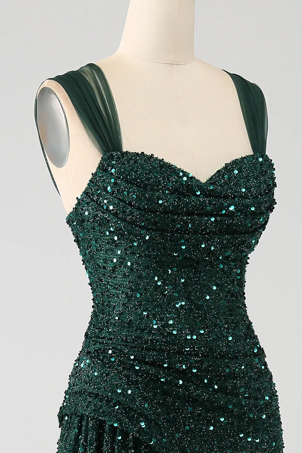 Bainha verde escura brilhante lantejoulas plissado longo vestido de baile com coxa dividida