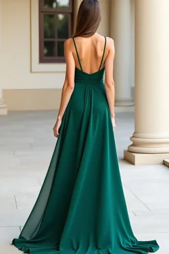 Bainha Verde Escura Esparguete Alças Longo Vestido de Baile Com Fenda