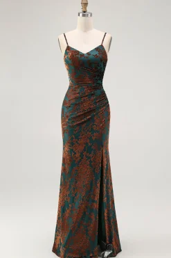 Bainha Verde Escura Esparguete Correias Veludo Burnout Maxi Dress com Fenda