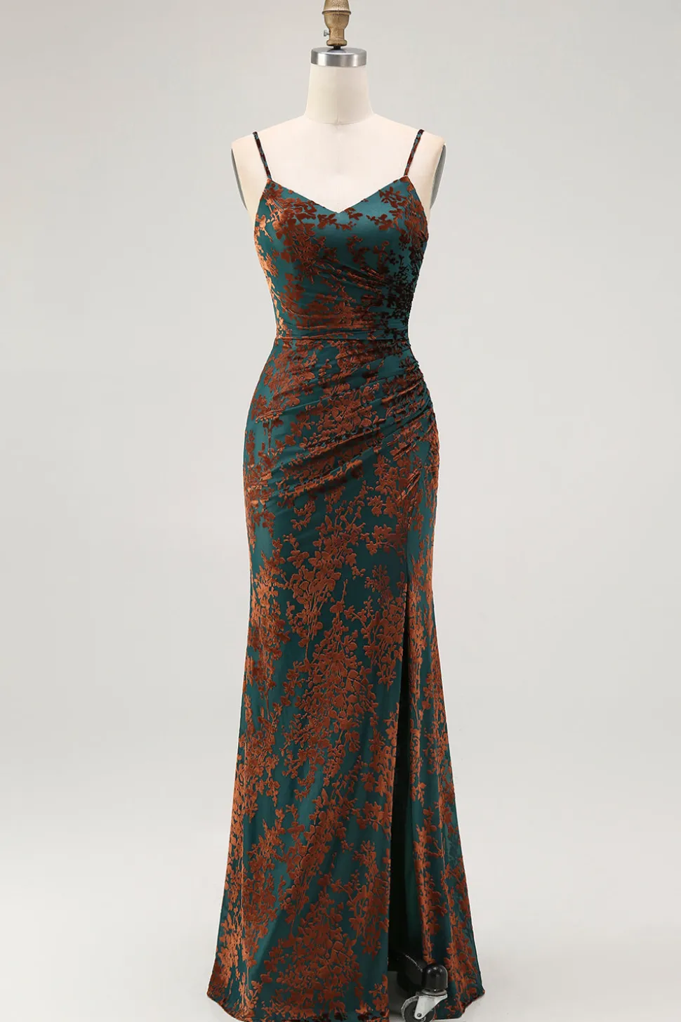 Bainha Verde Escura Esparguete Correias Veludo Burnout Maxi Dress com Fenda