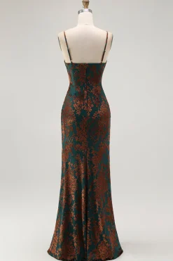 Bainha Verde Escura Esparguete Correias Veludo Burnout Maxi Dress com Fenda