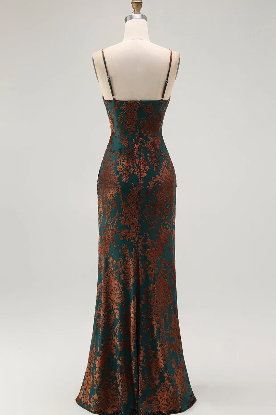Bainha Verde Escura Esparguete Correias Veludo Burnout Maxi Dress com Fenda