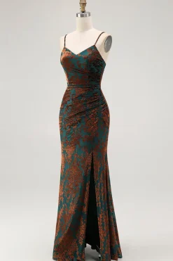 Bainha Verde Escura Esparguete Correias Veludo Burnout Maxi Dress com Fenda