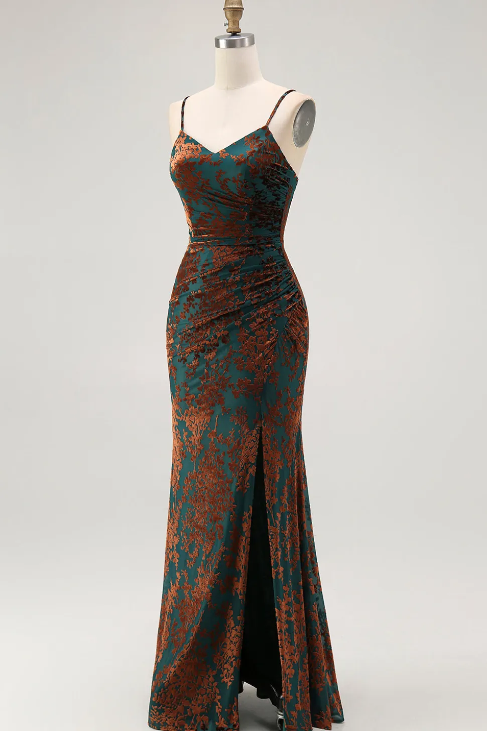Bainha Verde Escura Esparguete Correias Veludo Burnout Maxi Dress com Fenda