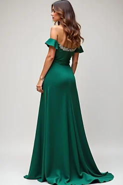 Bainha verde escura frisada fora do ombro longo vestido de baile
