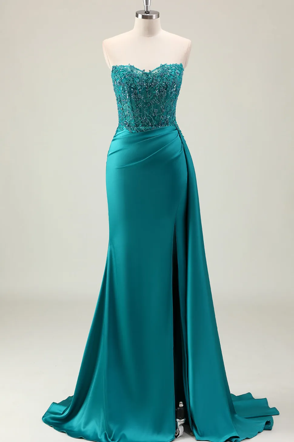 Bainha Verde Querida Corset Missanga Vestido Longo Baile com Renda Appliqued