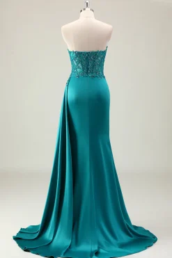 Bainha Verde Querida Corset Missanga Vestido Longo Baile com Renda Appliqued