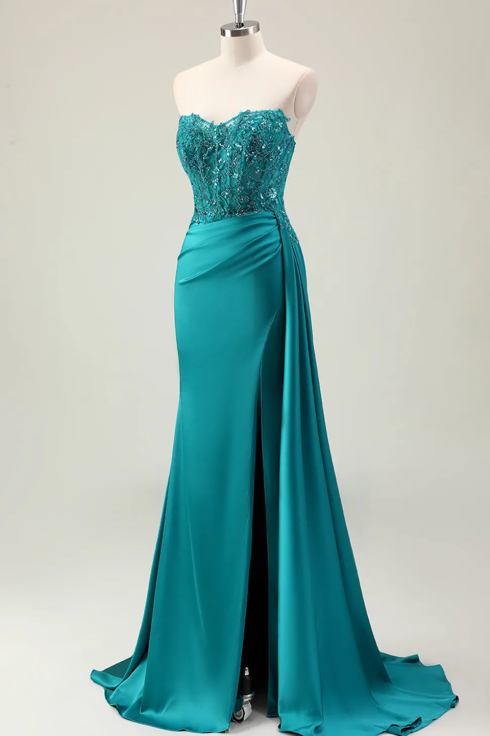 Bainha Verde Querida Corset Missanga Vestido Longo Baile com Renda Appliqued