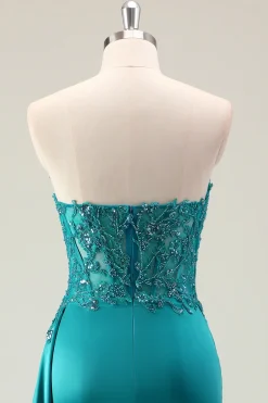 Bainha Verde Querida Corset Missanga Vestido Longo Baile com Renda Appliqued