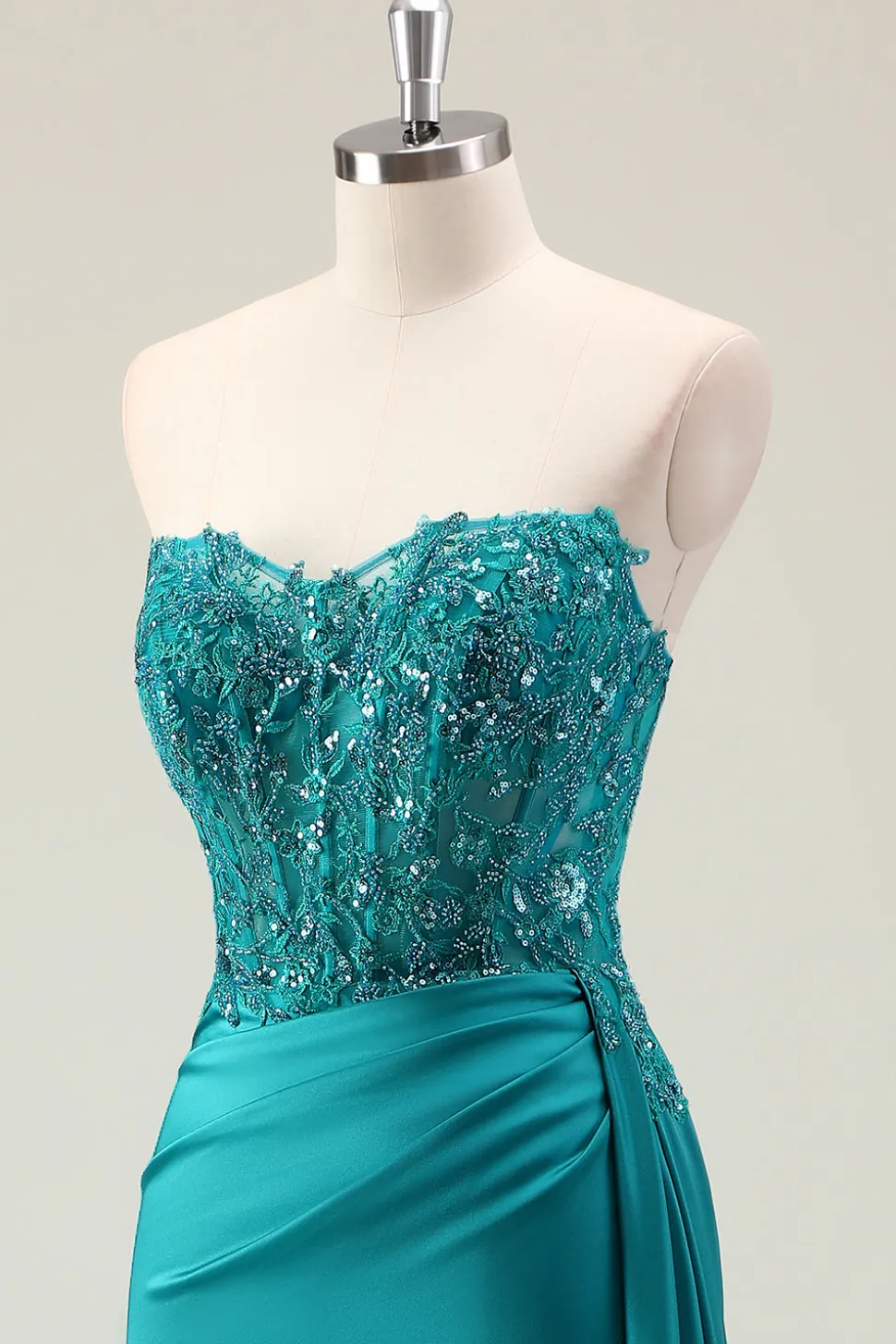 Bainha Verde Querida Corset Missanga Vestido Longo Baile com Renda Appliqued