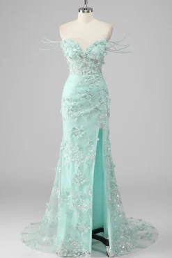 Bainha Verde Querida Corset Appliqued Long Prom Dress com Fenda