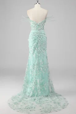 Bainha Verde Querida Corset Appliqued Long Prom Dress com Fenda