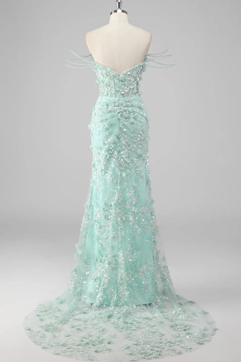 Bainha Verde Querida Corset Appliqued Long Prom Dress com Fenda