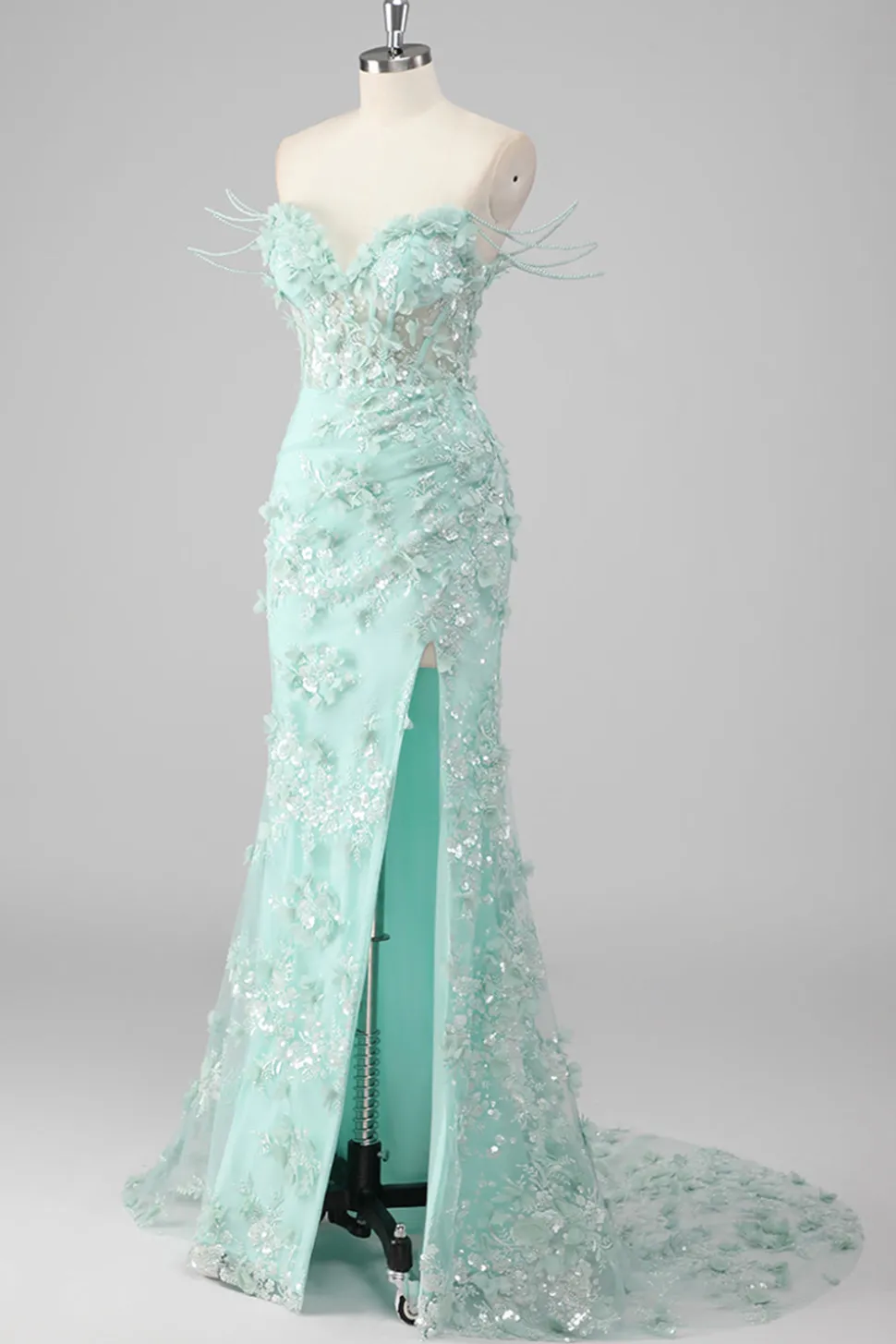 Bainha Verde Querida Corset Appliqued Long Prom Dress com Fenda