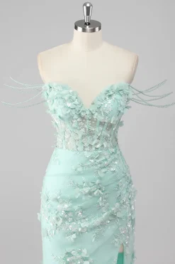 Bainha Verde Querida Corset Appliqued Long Prom Dress com Fenda
