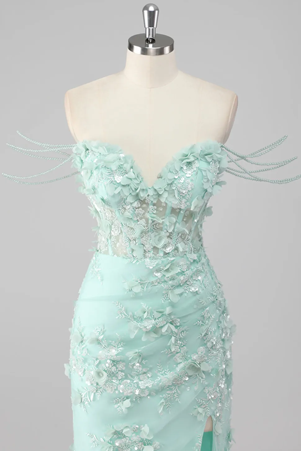Bainha Verde Querida Corset Appliqued Long Prom Dress com Fenda