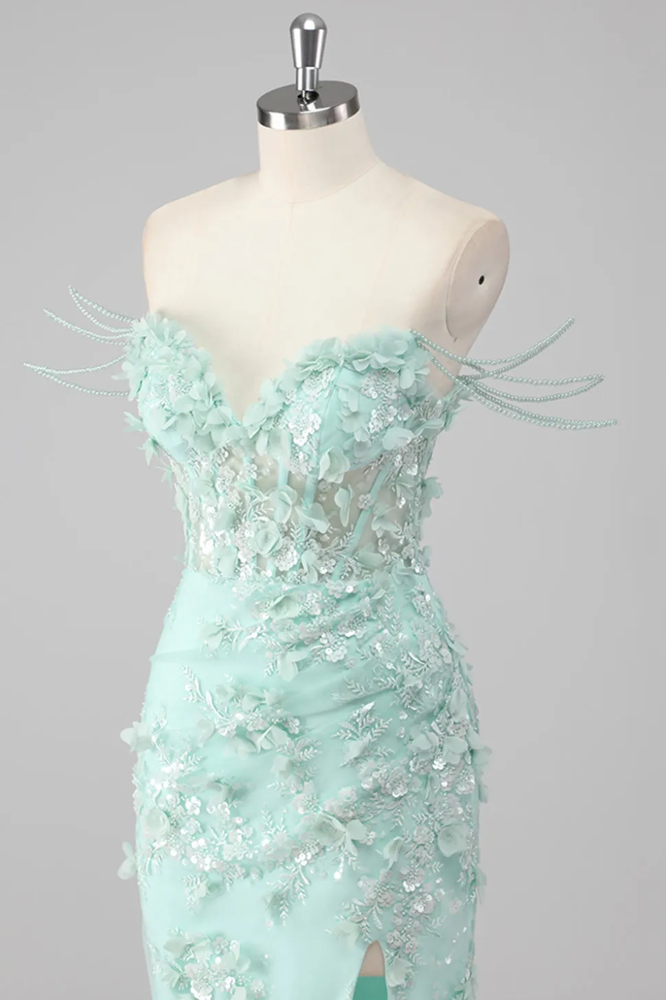 Bainha Verde Querida Corset Appliqued Long Prom Dress com Fenda
