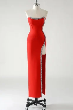 Bainha vermelha brilhante strass sem alças comprimento do chá vestido de baile com fenda