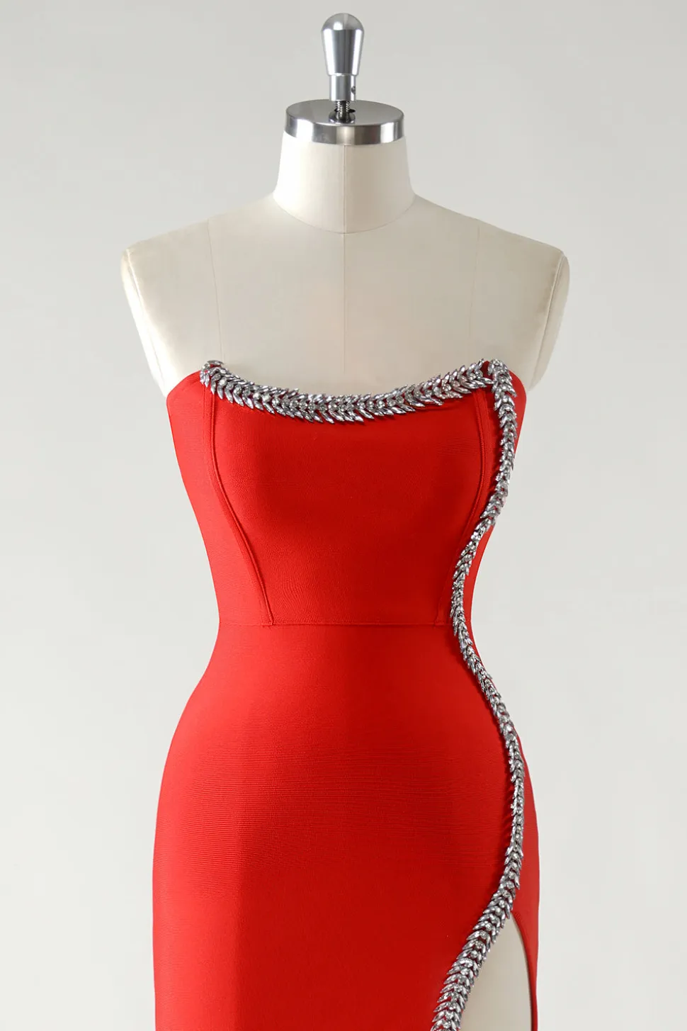 Bainha vermelha brilhante strass sem alças comprimento do chá vestido de baile com fenda