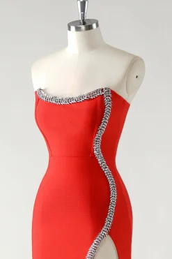 Bainha vermelha brilhante strass sem alças comprimento do chá vestido de baile com fenda
