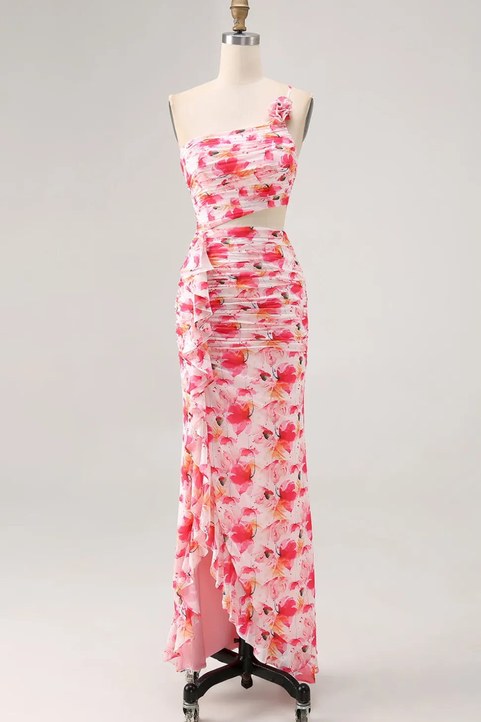 Bainha vermelha recorte um ombro estampado vestido de casamento floral convidado