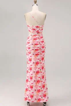 Bainha vermelha recorte um ombro estampado vestido de casamento floral convidado