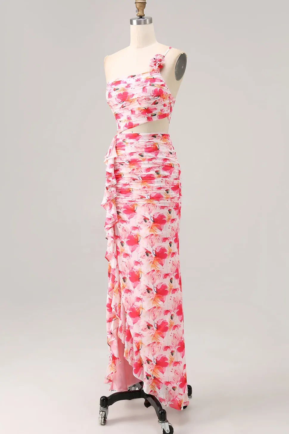 Bainha vermelha recorte um ombro estampado vestido de casamento floral convidado